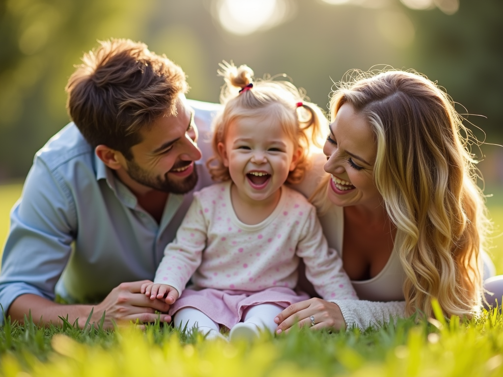 Family laughing together in the grass.