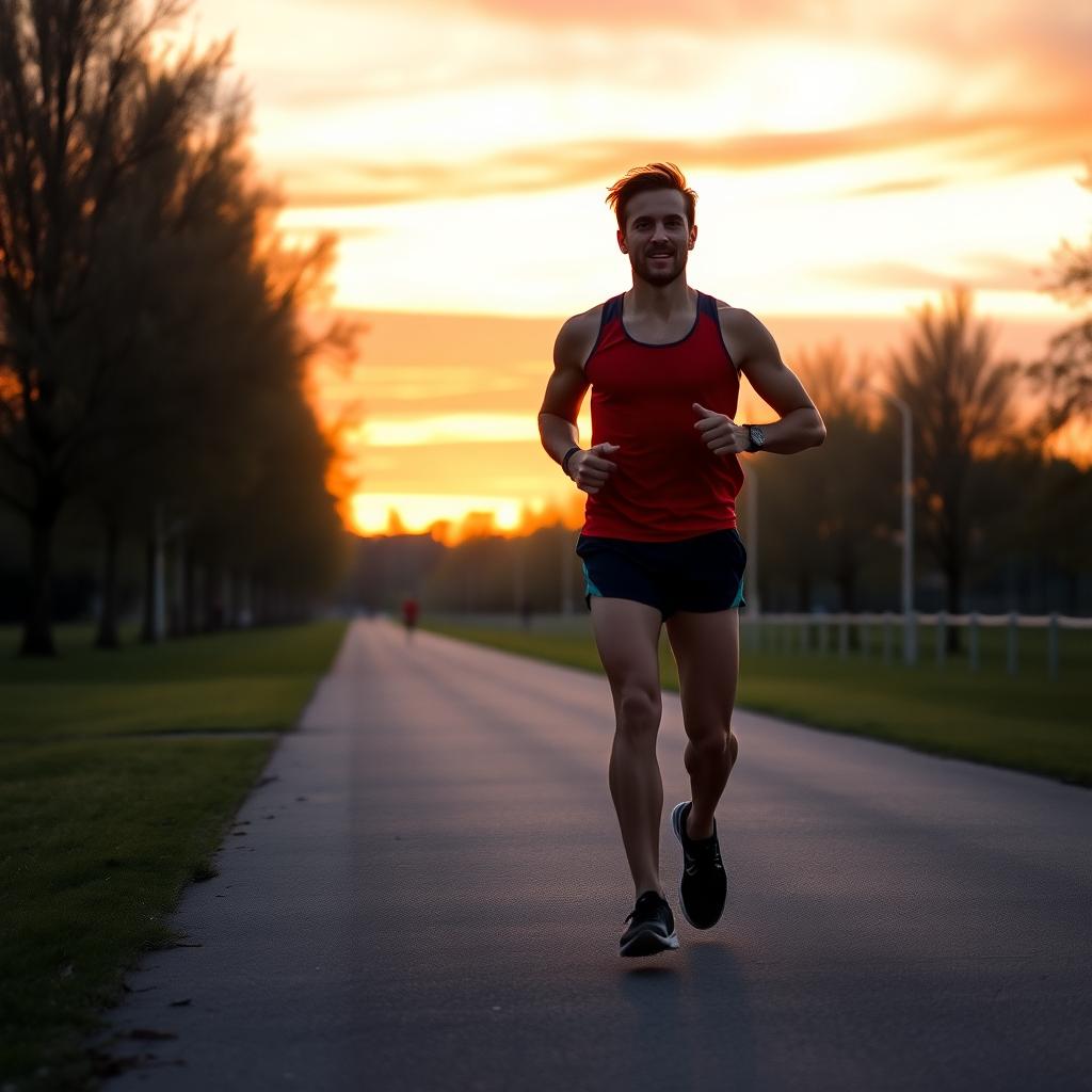 A man jogging in a scenic park at sunrise with a colorful sky.