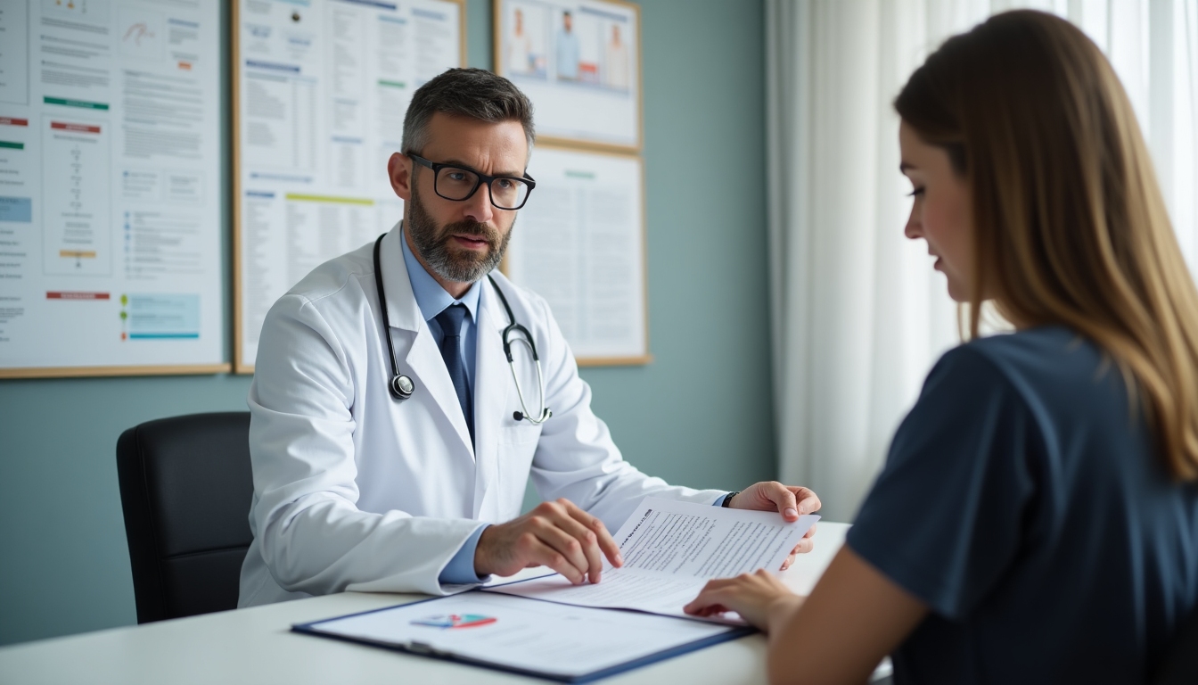 A caring doctor discussing test results with a patient in an office setting.