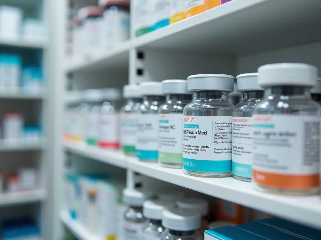 A collection of different IVF medication types placed on a shelf in a pharmacy.